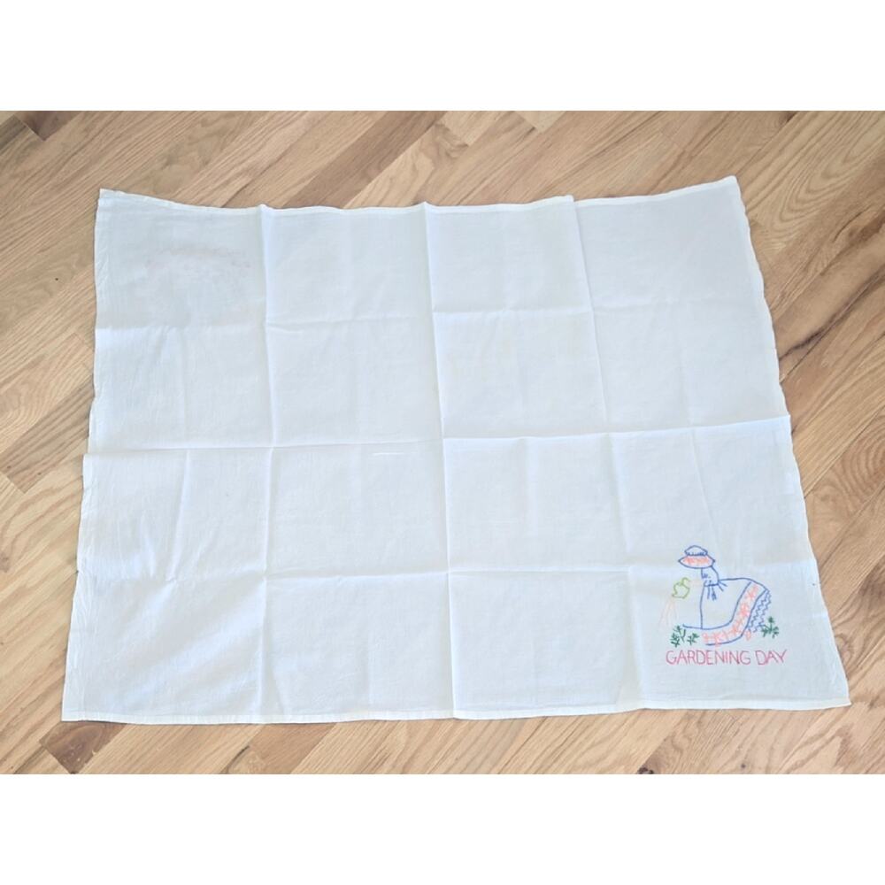 vintage white flour sack tea towel embroideredJemima Puddleduck "Gardening Day